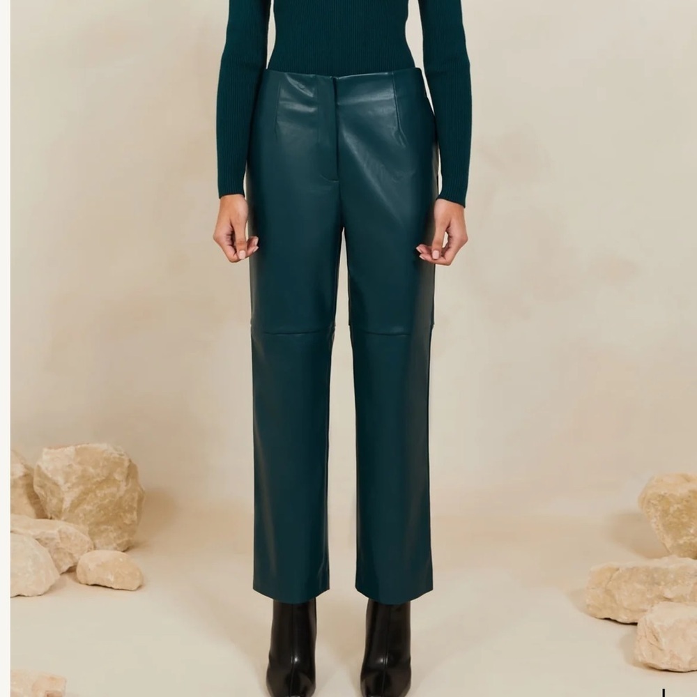 VEILED Vegan Leather Wide Leg Trousers - Deep Teal Size 8 Short NEW